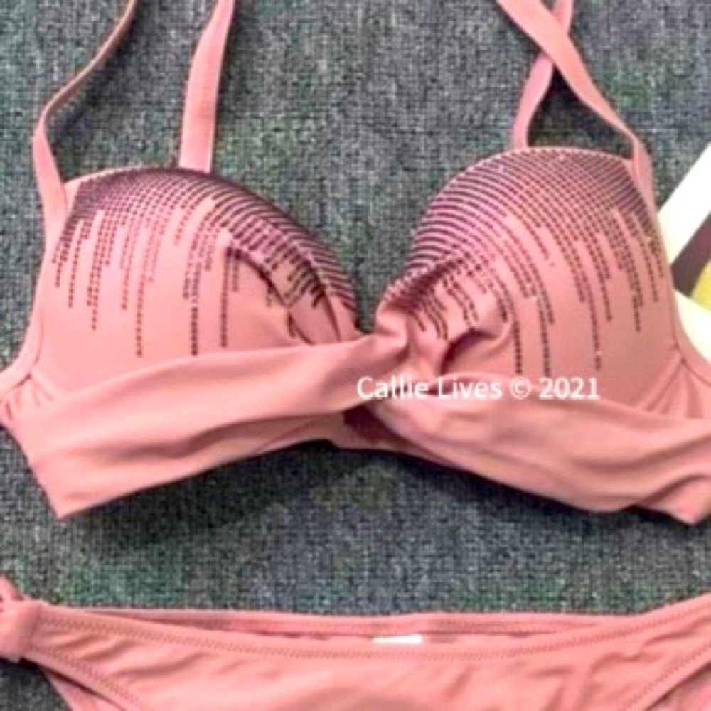 Callie Bling Dripping Rhinestone Mauve Pink Bikini - Picture 3 of 5